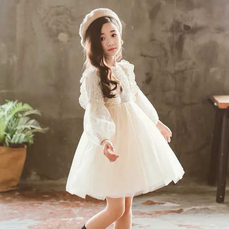 Spring Autumn Kids Girls Dresses Lantern Sleeve Lace Princess Dress Pearl Sweet O-neck Mesh Par Childrens Clothing Vestidos Z250214