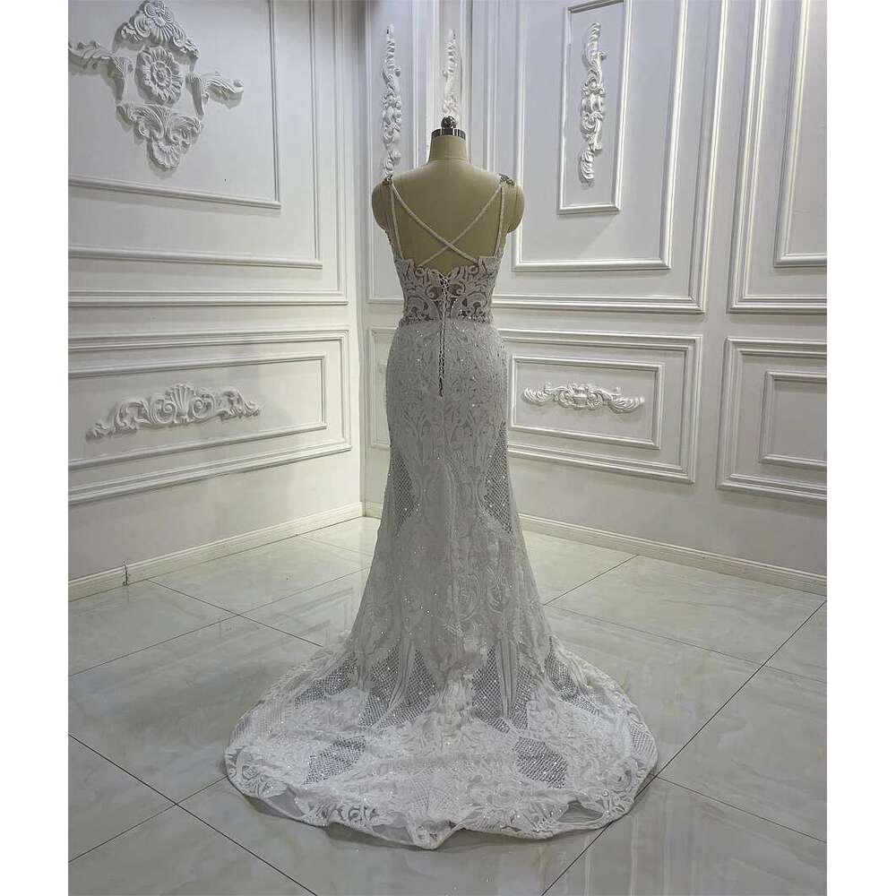AM1454 New Design Lace deep V-neck 2 In 1 Ruffles Mermaid Wedding Dress