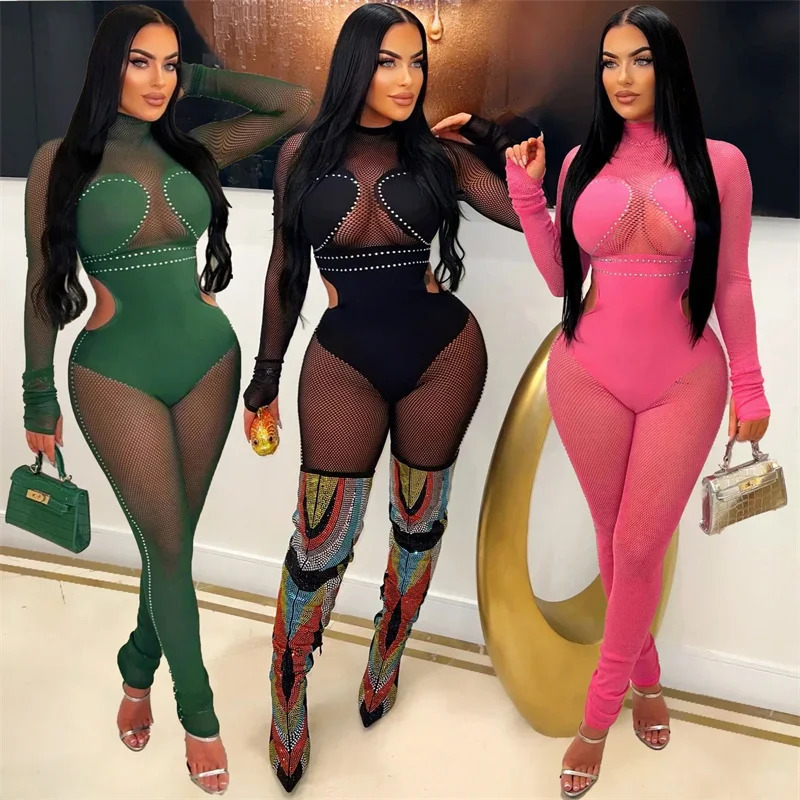 Sexy See Through Patchwork Mesh Jumpsuit Women Long Sleeve Hollow Out Skinny Night Club Outfits One Pieces Rompers Overalls Body 250213