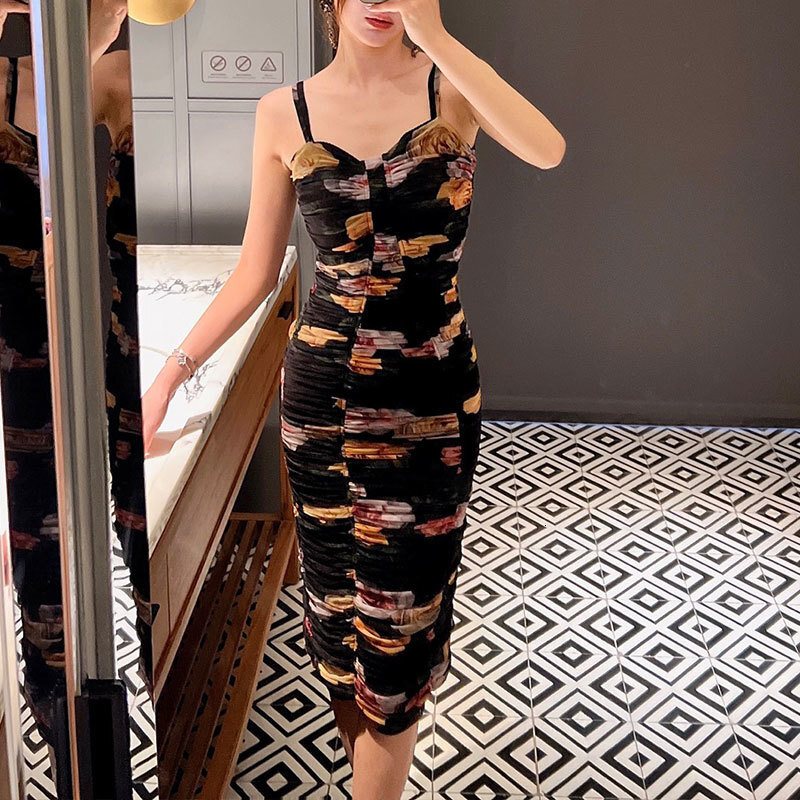 Women's Floral Print Mesh Camisole Dresses Luxury Silk Lining Draped Fit Bodycon Style Back Zipper Midi Length Clothes Designer Elegant Spring Be