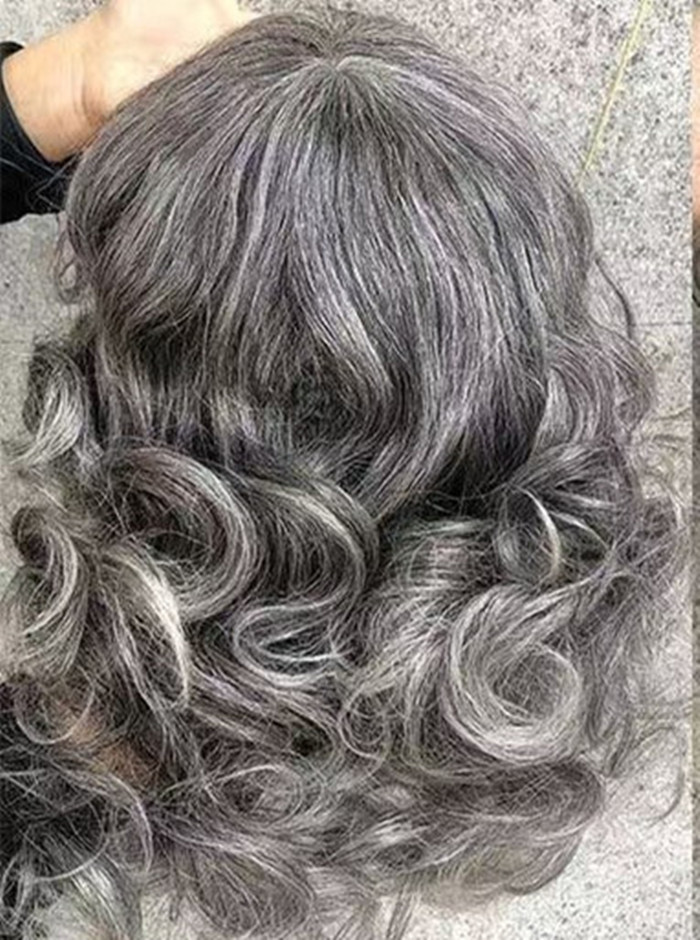 Beautiful Silver and black highlights Gray Salt and pepper color human hair lace wig body wave bob elegant natural t part lace front wig 13x4x1 silver
