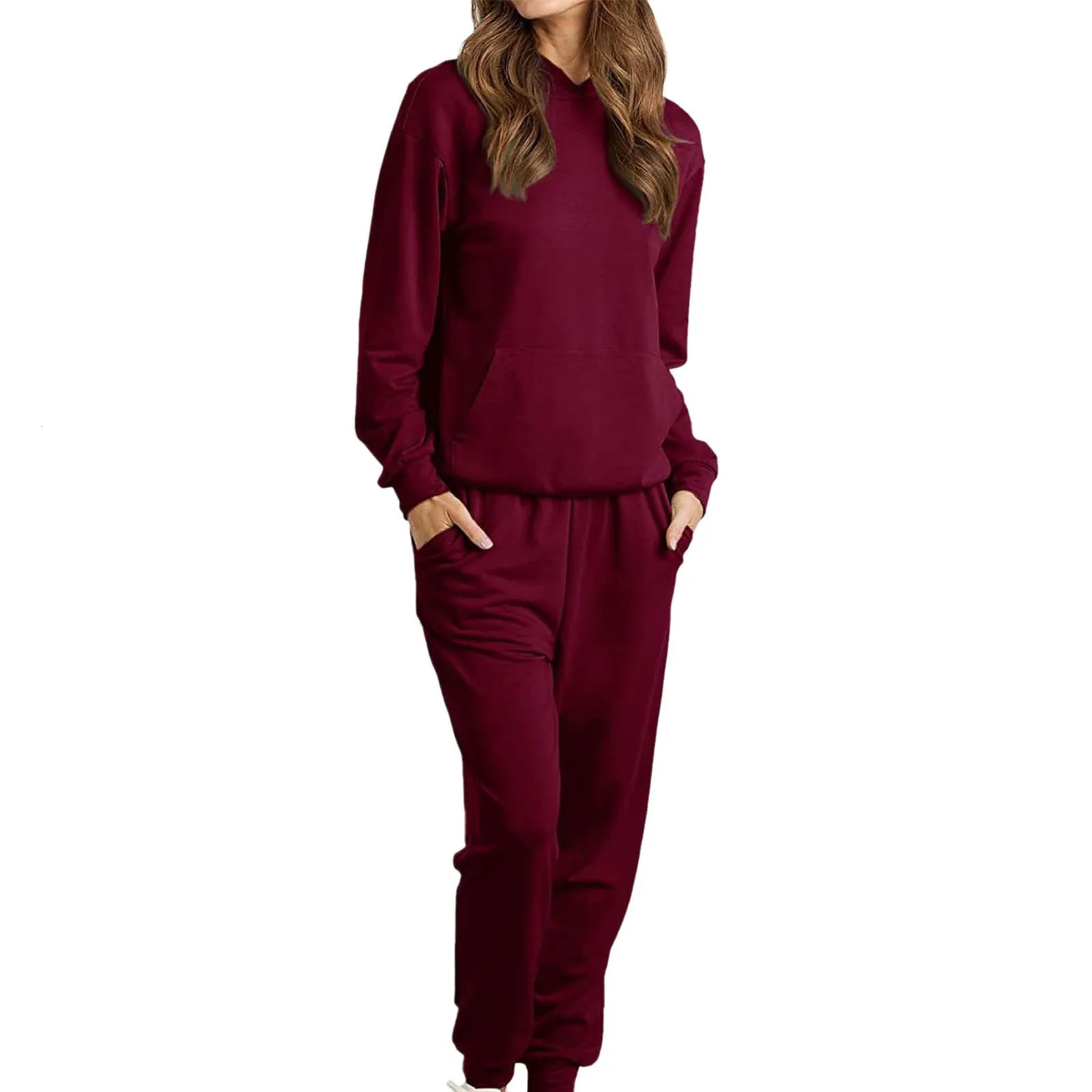 Womens Tracksuit Casual Long Sleeve Solid Hooded Sport Suit Autumn Warm Hoodie Womens Suits Baggy Cropped Pants 250210