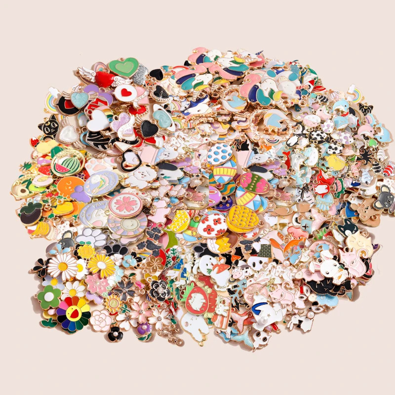 Leslie Bulk Sale 50/100pcs Enamel Cartoon Hearts Animal Charms Flowers Fruits Rainbow Pendants for DIY Jewelry Making Wholesale 250214