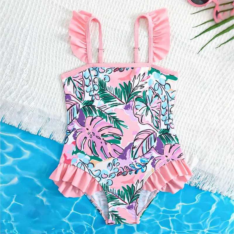 3-7 Years Kids Girls Sleeveless Swimsuit Summer Beach Bathing Suit Cute Flower Print Strap Children Swimwear Z250214