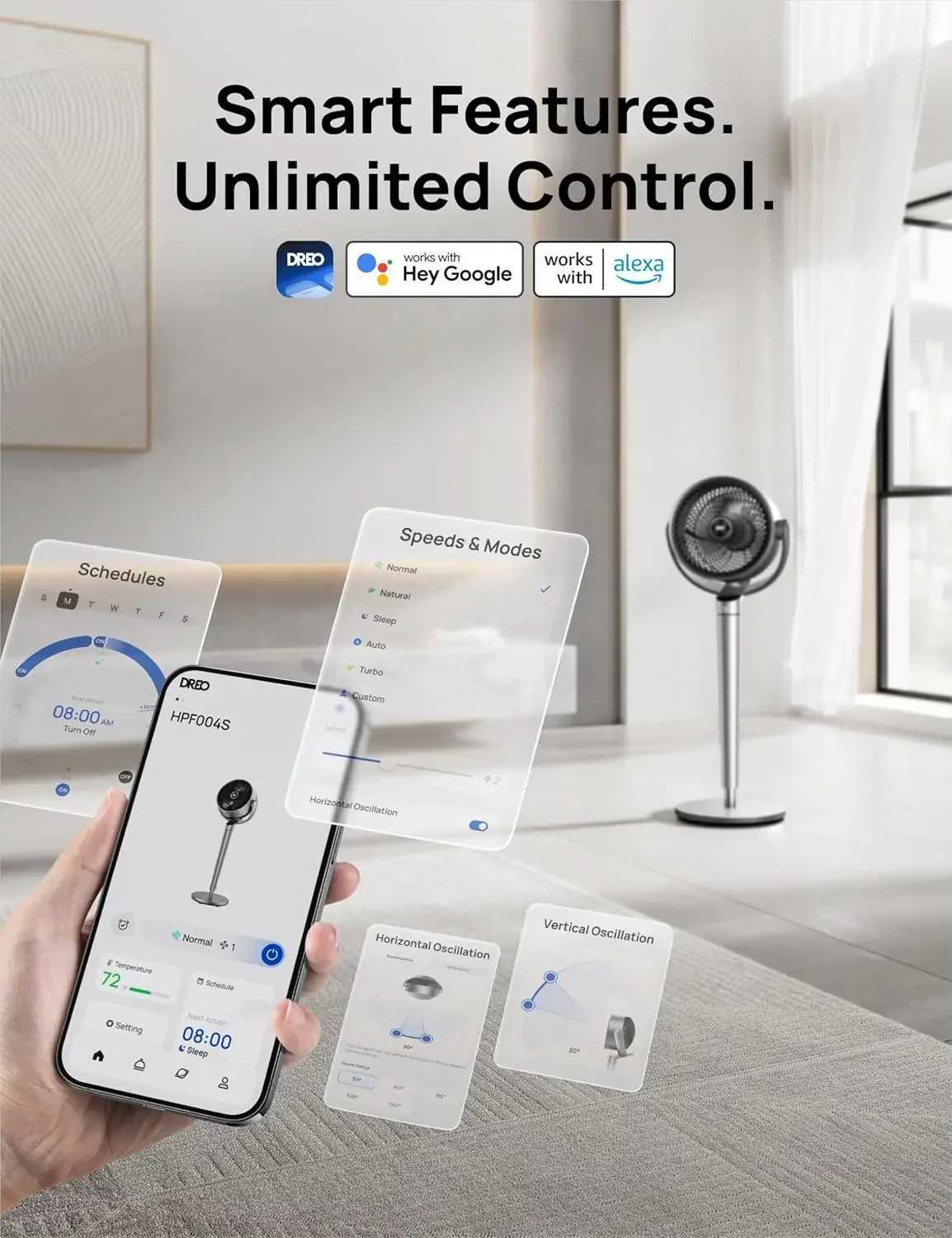 Pedestal Fan with Smart Control 43 Inches 150+120 Omni-Directional Oscillating Quiet Fans for Bedroom 110ft Circulat Z250214