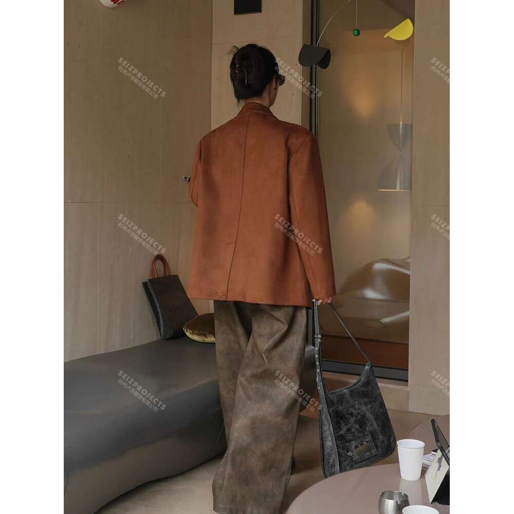 Winter Curved Pocket Oversized Blazer Suede Jacket Brown Green Loose Straight Coat For Women