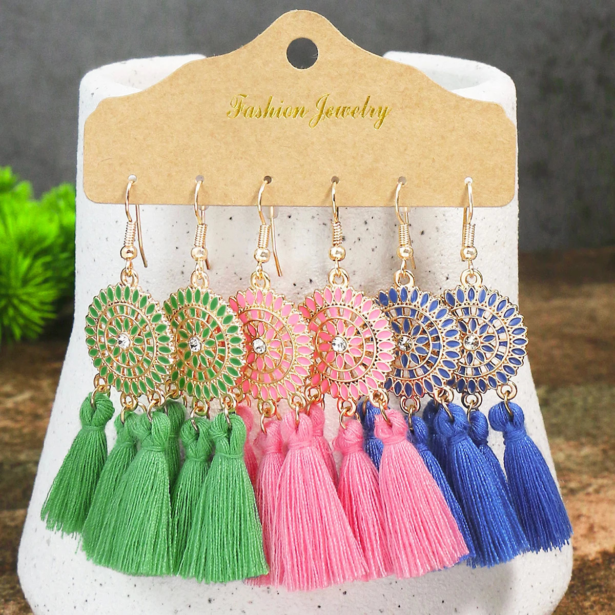 Bohemian vacation style womens earring set with colorful tassel rhinestone inlaid circular earrings style jewelry gift 250110