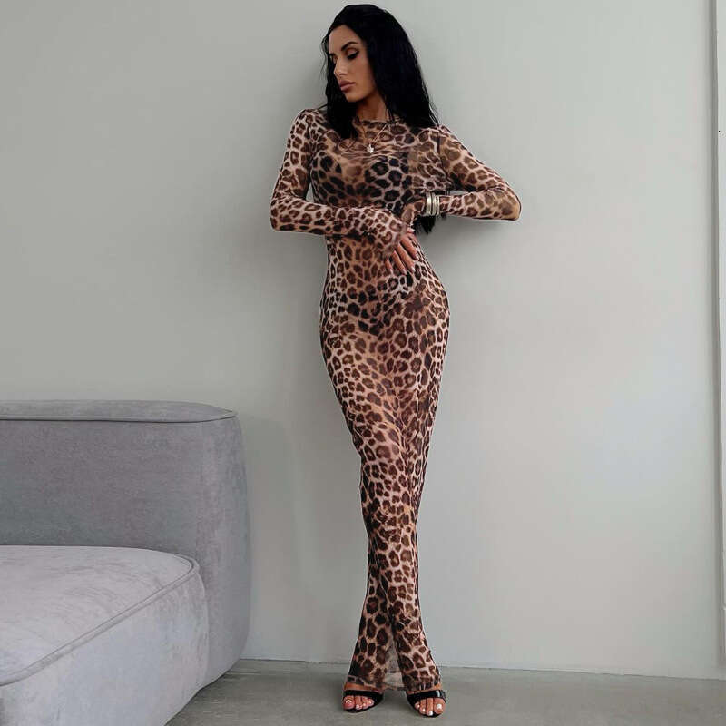 Hot selg women's summer product sexy mesh printing perspective slim fit long sleeved dress wholesale 2025 new casual versatile fashion clothing