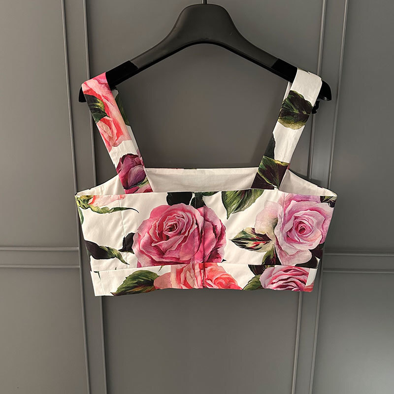 Designer Women's Floral Print Cotton Cropped Camisole Fashion Back Zipper Strapless Wide Straps Chic Elegant Luxury Spring Summer Beach Resort To