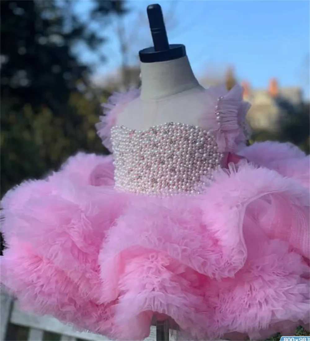 Pearl Wedding Prom Light Blue Flower Girl Dress Short Layered Made To Order Birthday Pageant Communion Robe Baby Par Z250214