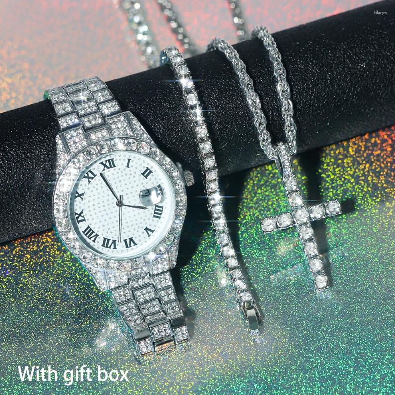 Necklace Earrings Set Stylish Jewelry Hip-hop Iced Out Quartz Watch With Cross Pendant Tennis Chain Bracelet For Men Women Party Box