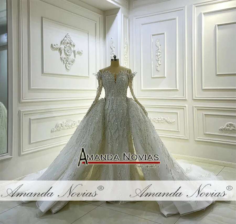 Full Lace Wedding Dress Shoulder Long Sleeves V Neckline Mermaid 2 in 1