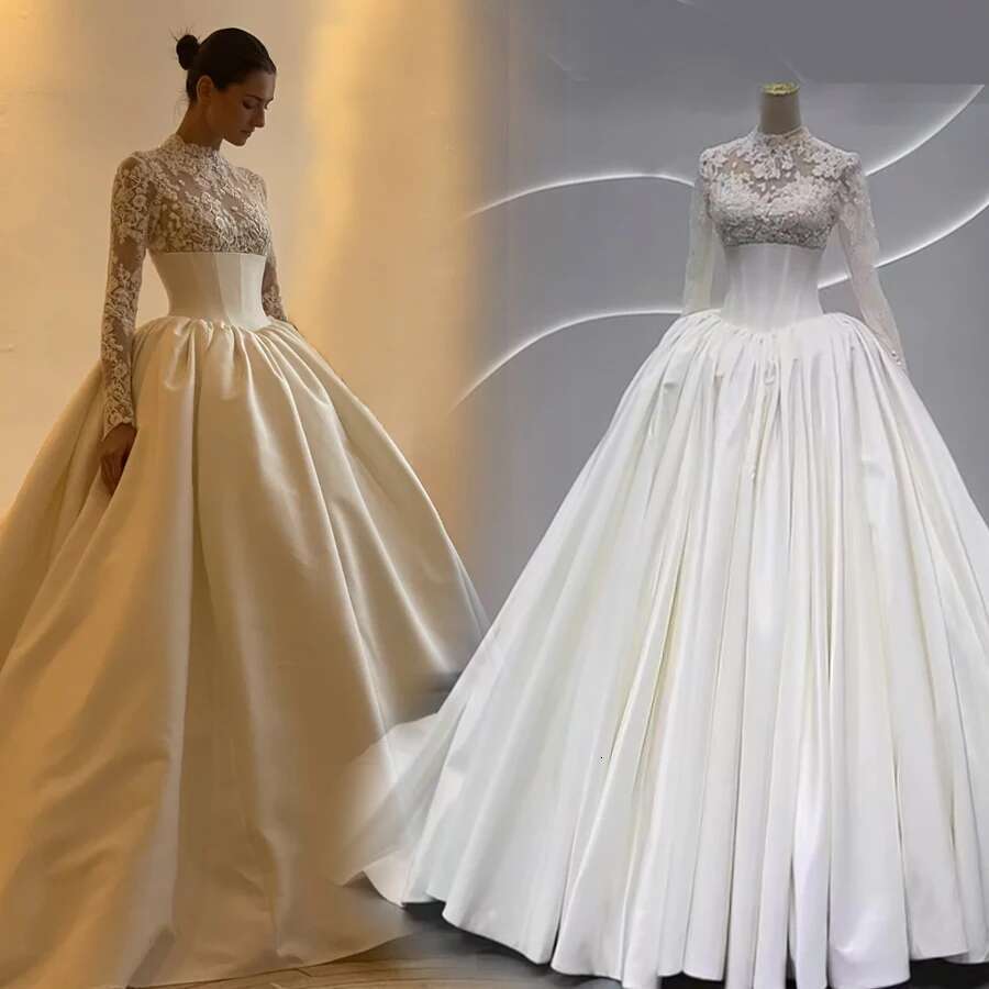 Custom Amanda New Design Spot Long Sleeve With High Neck Bridal Dress A-Line Wedding Dresses