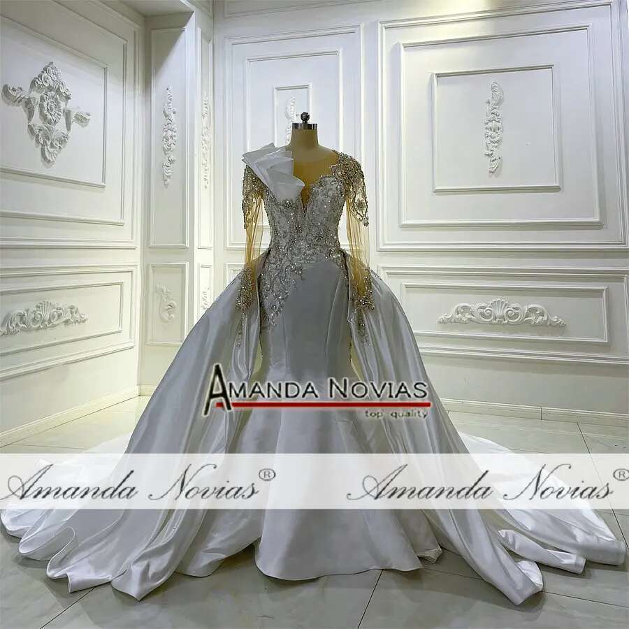 Custom Full V-Neckline Beading Detachable 2 in 1 Satin Mermaid Bridal Dress
