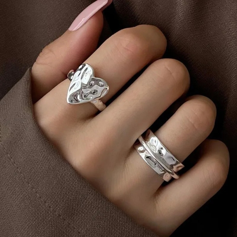 925 Sterling Silver Open Finger Ring Punk Heart Irregular Geometric Stackable For Women Girl Jewelry Gift Dropship Wholesale 250213