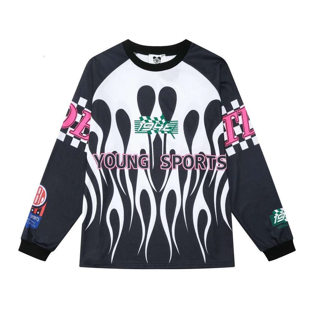 Y2k Flame Color Match Mesh Baseball Shirts For Men And Women Crew Neck Long Sleeve Casual Tshirts Oversized Loose Top Tees