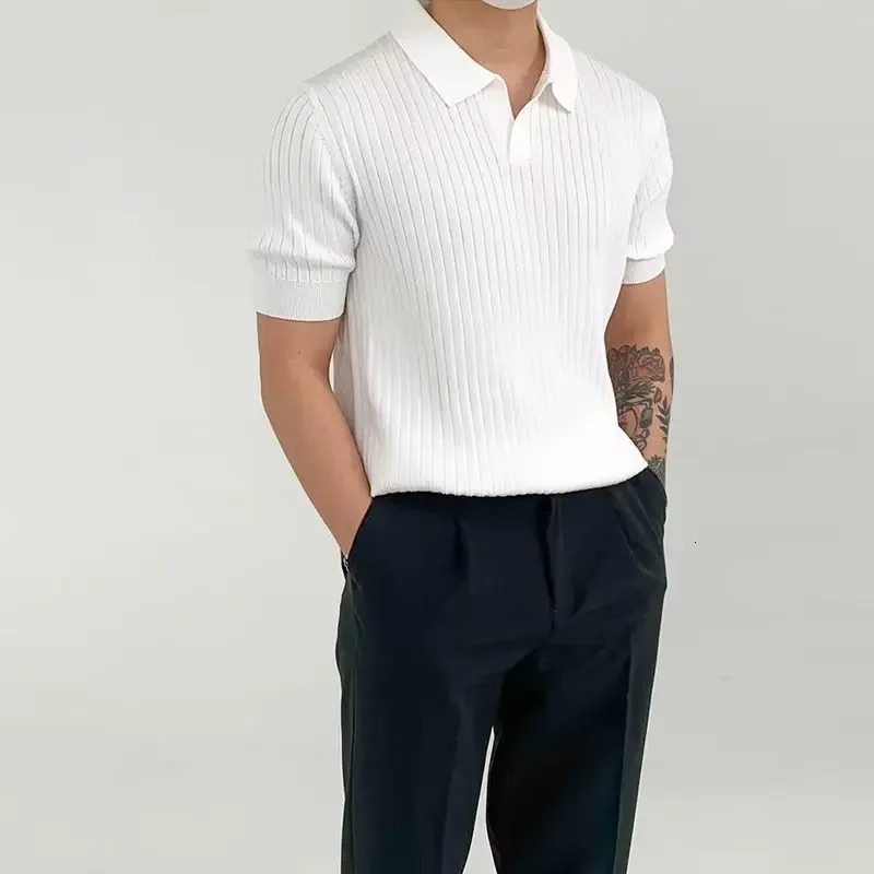 Fashion Knit Solid Color Mens Polo Shirt Slim Short Sleeve Turn-down Collar Ribbed Polo Tee Summer Men Clothes Casual Tops 250208