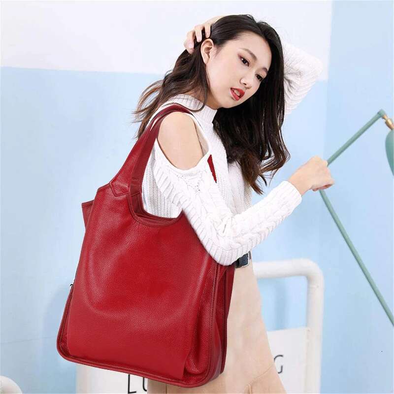 A Simple Solid Color Large Capacity Women's Tote Made Of High-Quality Soft Cowhide, With A Single Shoulder Underarm Bag