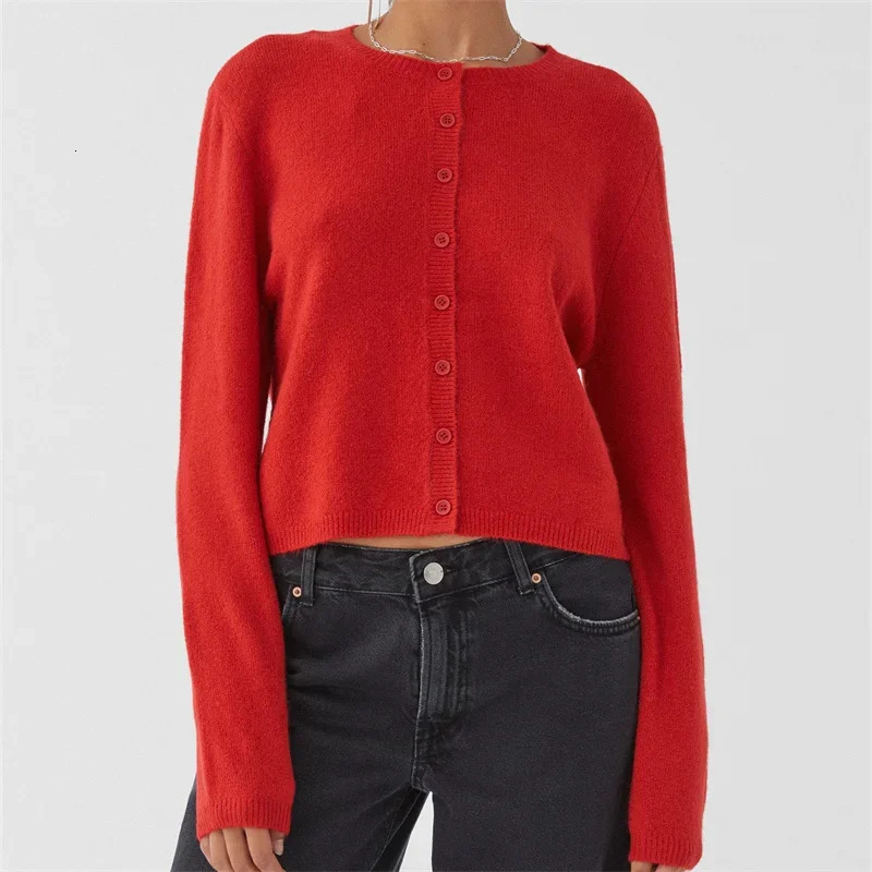 Crochet Knit Cardigans Women Slim Crew Neck Vintage Y2k Long Sleeve Single Breasted Sweaters Autumn Lady Versatile Sweater 250213