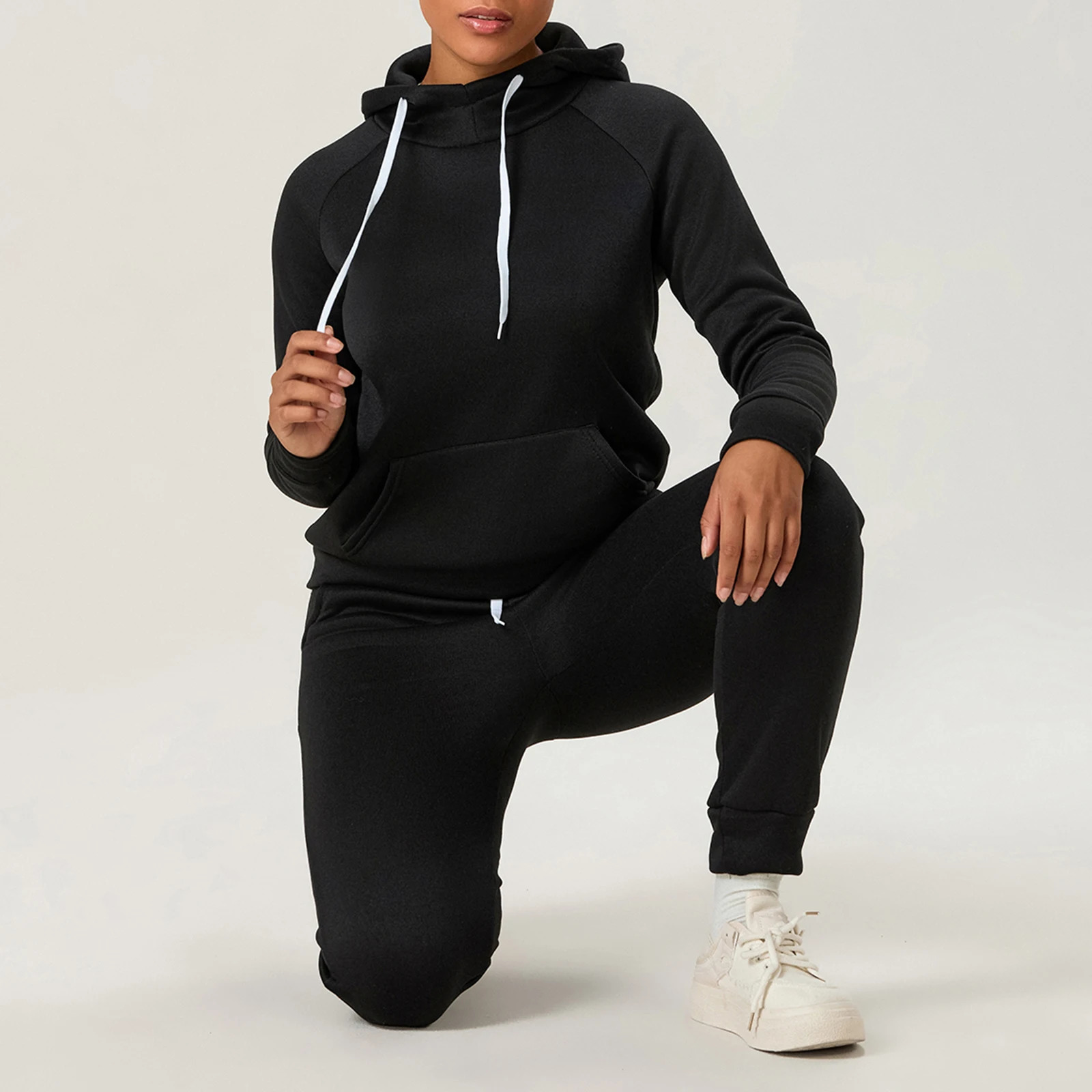 Womens 2Pieces Running Sets Solid Color Sportswear Long Sleeve Hoodies with Front Pocket Drawstring Long Pants Tracksuits 250210