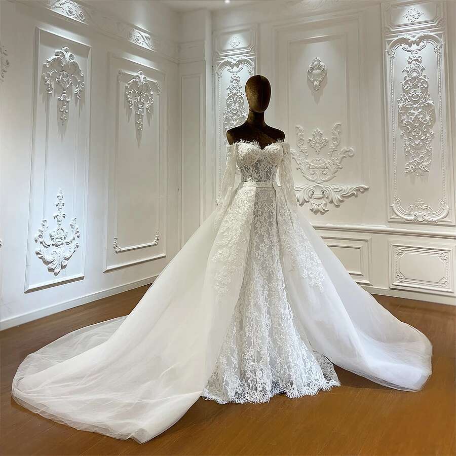 Custom Off Shoulder Long Sleeve Lace Full Belt Skirt Mermaid Wedding Dress