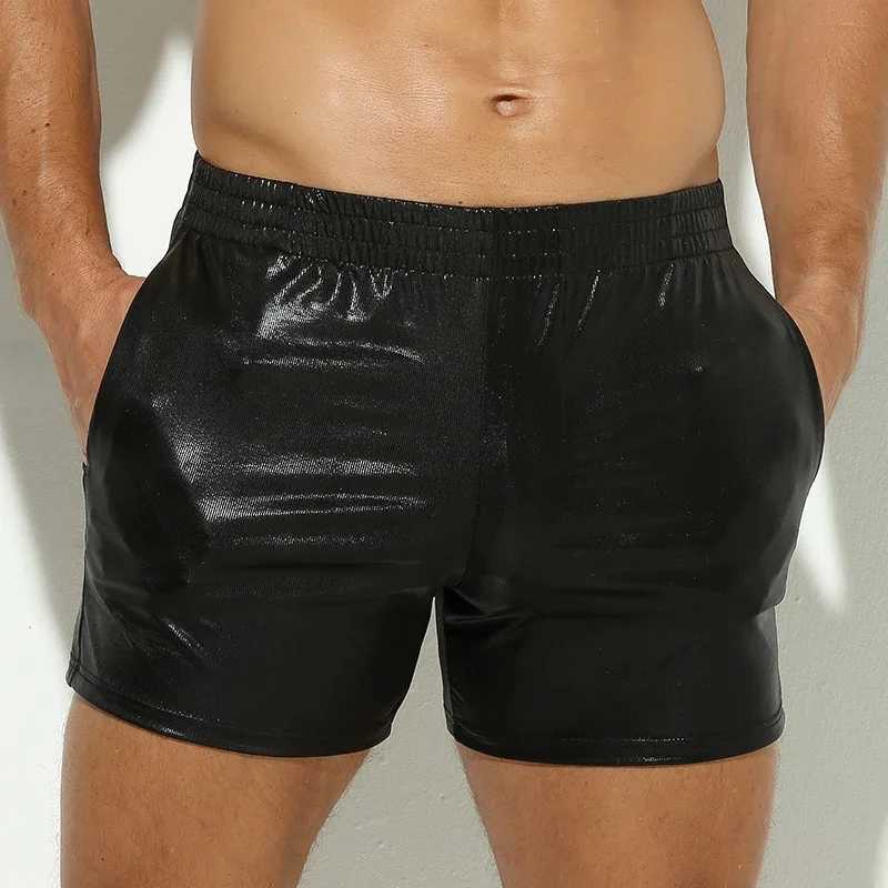Mens Casual Shorts Swimwear Pocket Fitness Swimming Trunks Shiny Faux Leather Clubwear Boxers Shorts Beach Surf Swimsuit W250214