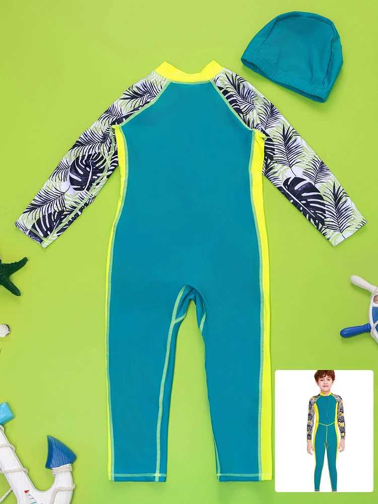 One-Piece Quick Drying Summer Boys Swimwear Children Swimsuits Kid Short Sleeve Sun Protection (including swimming caps) Z250214