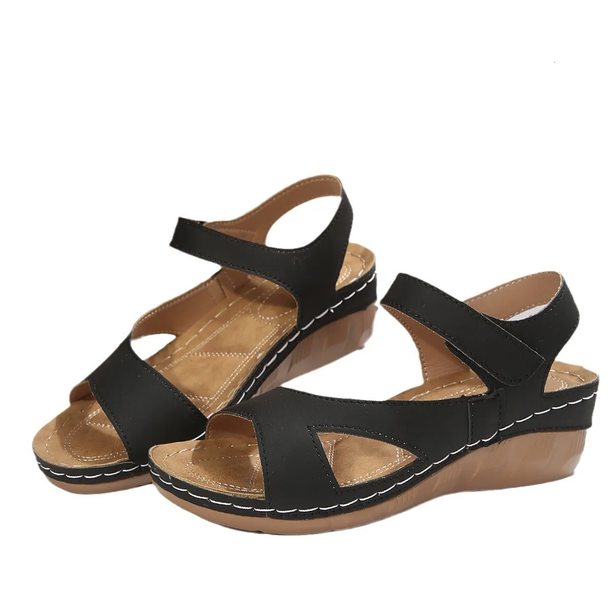 2025 New Summer Slope Heel Thick Bottom WomenShoes with Large Hollow Fish Mouth Velcro Trendy Casual Sandals zhanyishengli