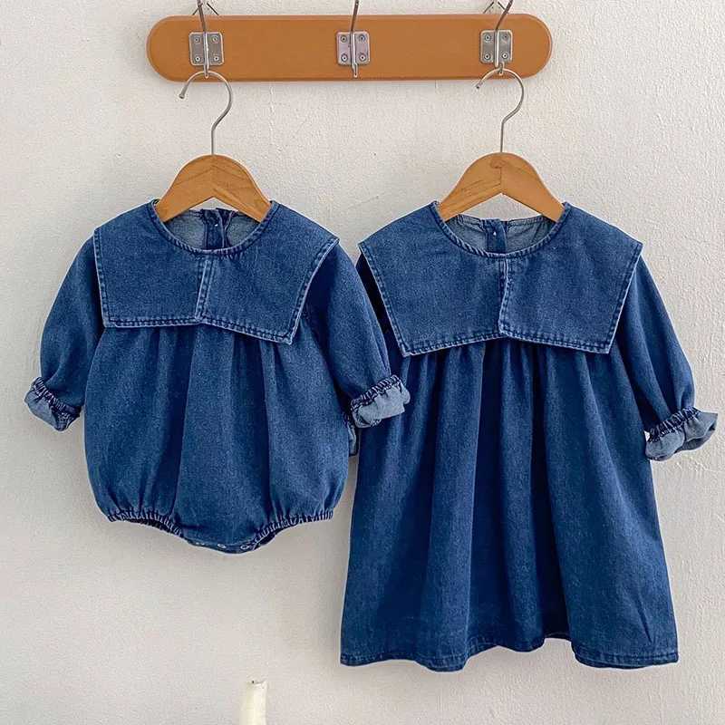 2024 New Autumn Sister Dress 2-6Yrs Girl Par Dress Long Sleeved Solid Color Denim Baby Girl Romper Kids Princess Dresses Z250214