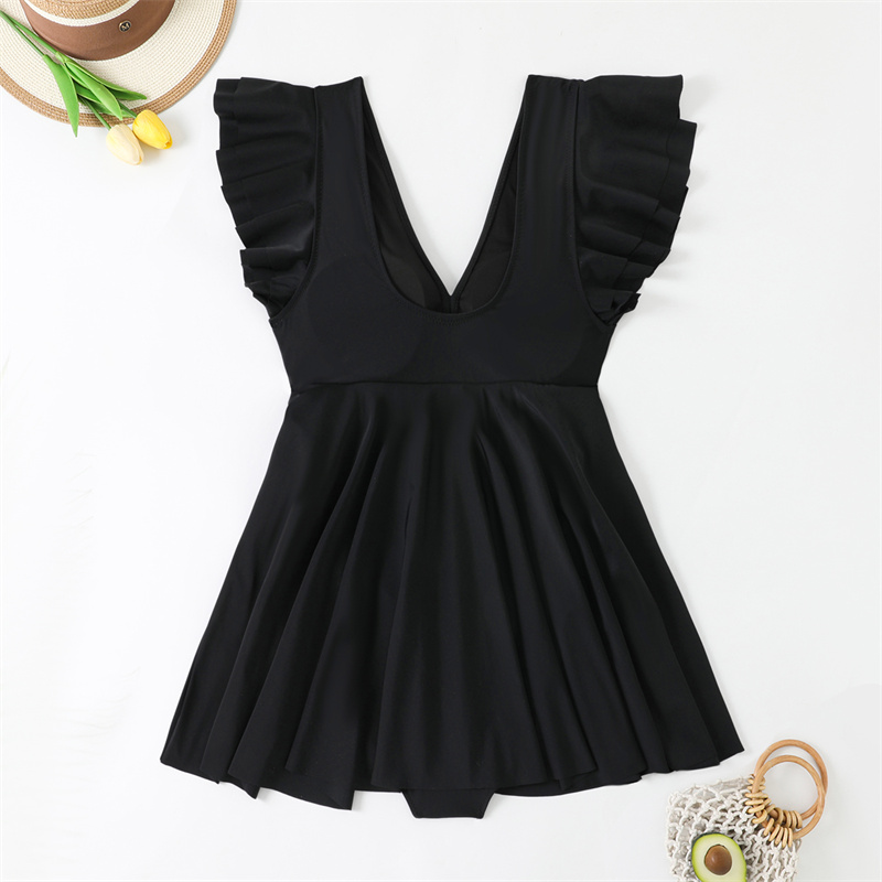 Women's One Piece Ruffle Swimdress Tummy Control V Neck Swimsuits Ruched Elegant Bathing Suits Skirt