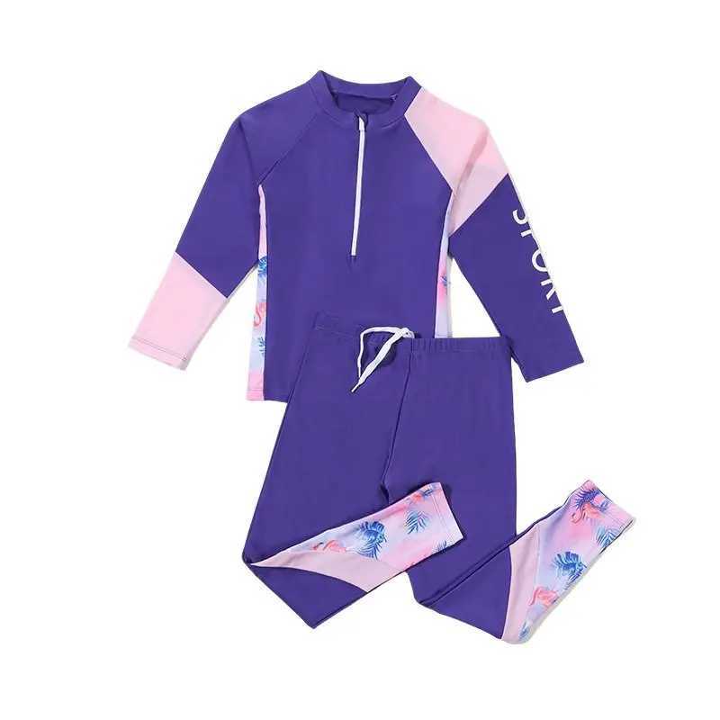 Children Girls Printed Swimsuits Kid Swimwear Long Sleeve Sun Protection Long Sleeve Tops and Pant Beachwear 5-16 Years Z250214