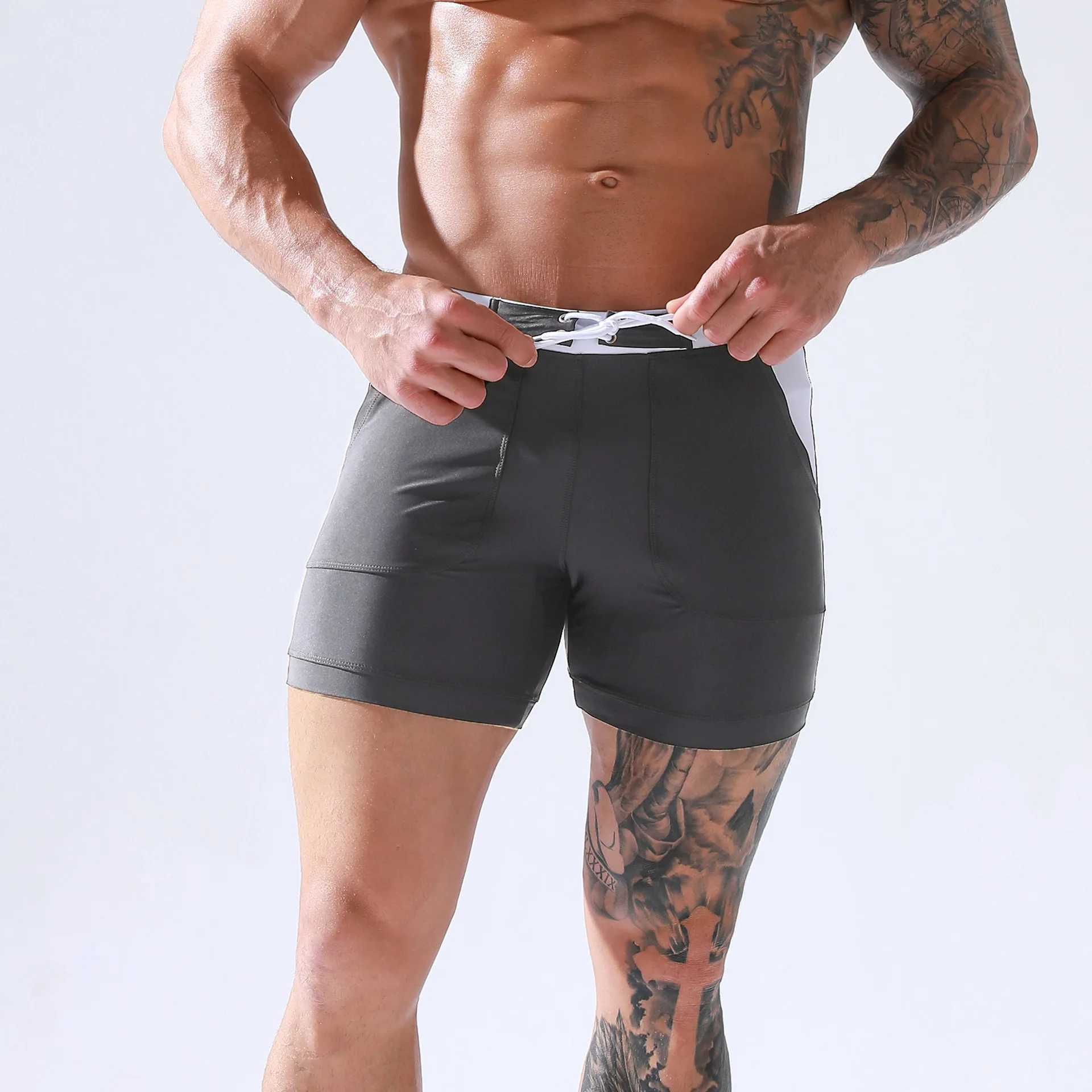 Sexy Mens Swimwear Shorts Summer Quick Dry Swimming Trunks Surf Board Shorts Boxer Briefs Tethered Swimsuit Beachwear 2025 New W250214