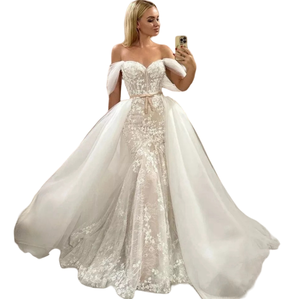 Off Shoulder Lace Mermaid Wedding Dresses With Detachable Train Boho Bridal Gowns Back lace-Up Ivory And Nude Modern Vestido De Novia 2025