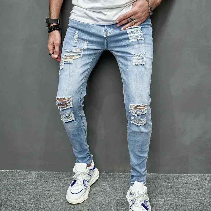 Style Mens Personalized Ripped Solid Color Skinny Jeans Stretch Little Foot Streetwear Motorcycle Denim Trousers Male 250210