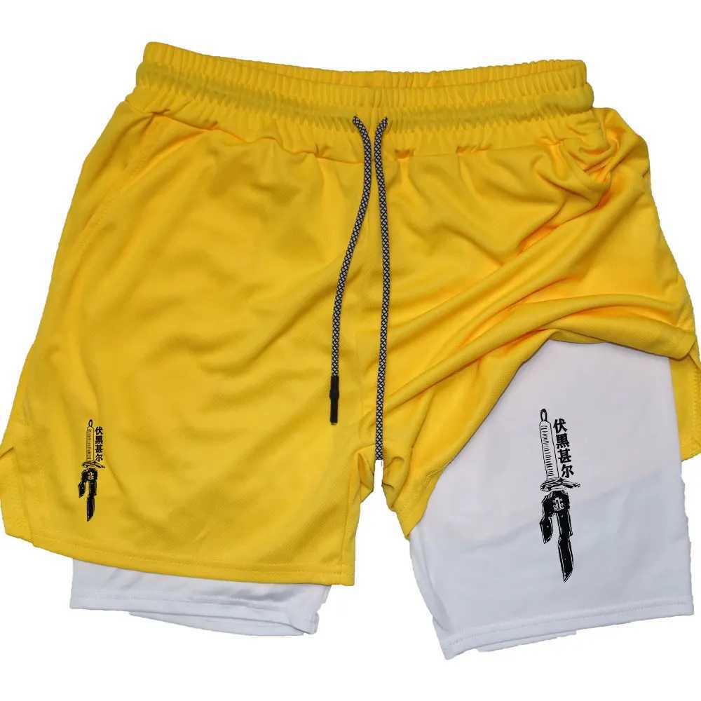 Anime Performance Shorts Men GYM Casual Sports Summer Compression Shorts Workout Running Mesh 2 In 1 Sport Short PantsXJ250213