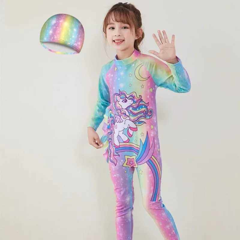 Kids Wet suit Long Sleeve Surfing Suit Rainbow Star Diving Snorkeling Swimming Jumpsuit Dive Swimwear Girls With Cap Z250214