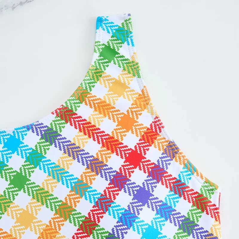 2025 Girls Swimsuit One Piece Rainbow Plaid Kids Swimwear Childrens Bathers Bathing Swimming Swim Suit Summer Beachwear Z250214