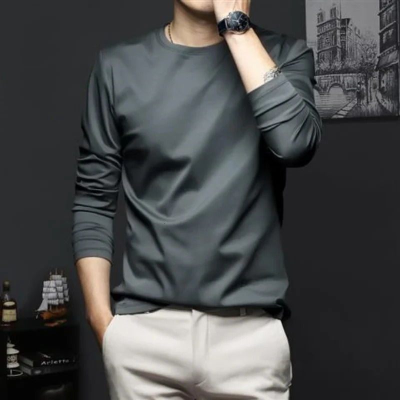 Autumn Promotion Ice Silk Tshirt Mens Korean Casual Versatile Solid Long Sleeve VNeck Fashion Slim Thin Top 250108