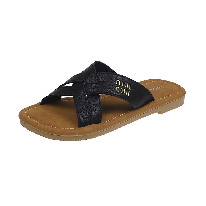 2025 free shipping designer slippers for womens flat slippers black beige khaki Cross strap square toe exposed flat bottom slippers