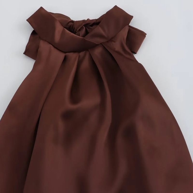 TRAF Halter Satin Long Dres Tied Backless Brown Midi Dress Summer Off Shoulder Party Dresses Pleated Evening y250207