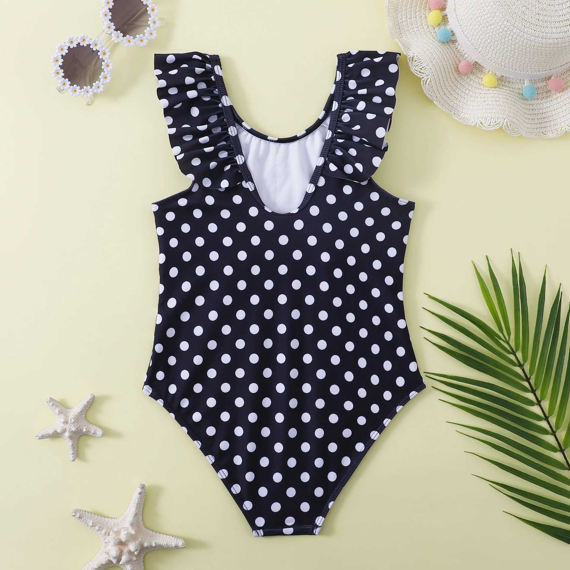 Retro Teenage Girls One Piece Swimsuit 7-12 Years Kids Polka Dot Print Swim Suit Ruffled Swimwear Beachwear Bathing Suits Summer Z250214