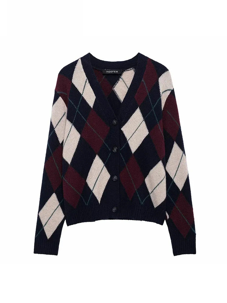Elegant Sweater Long Sleeve Knitwear Coat 2025 Women Argyle Jacquard Short Cardigan Chic Casual Knitted Cardigans