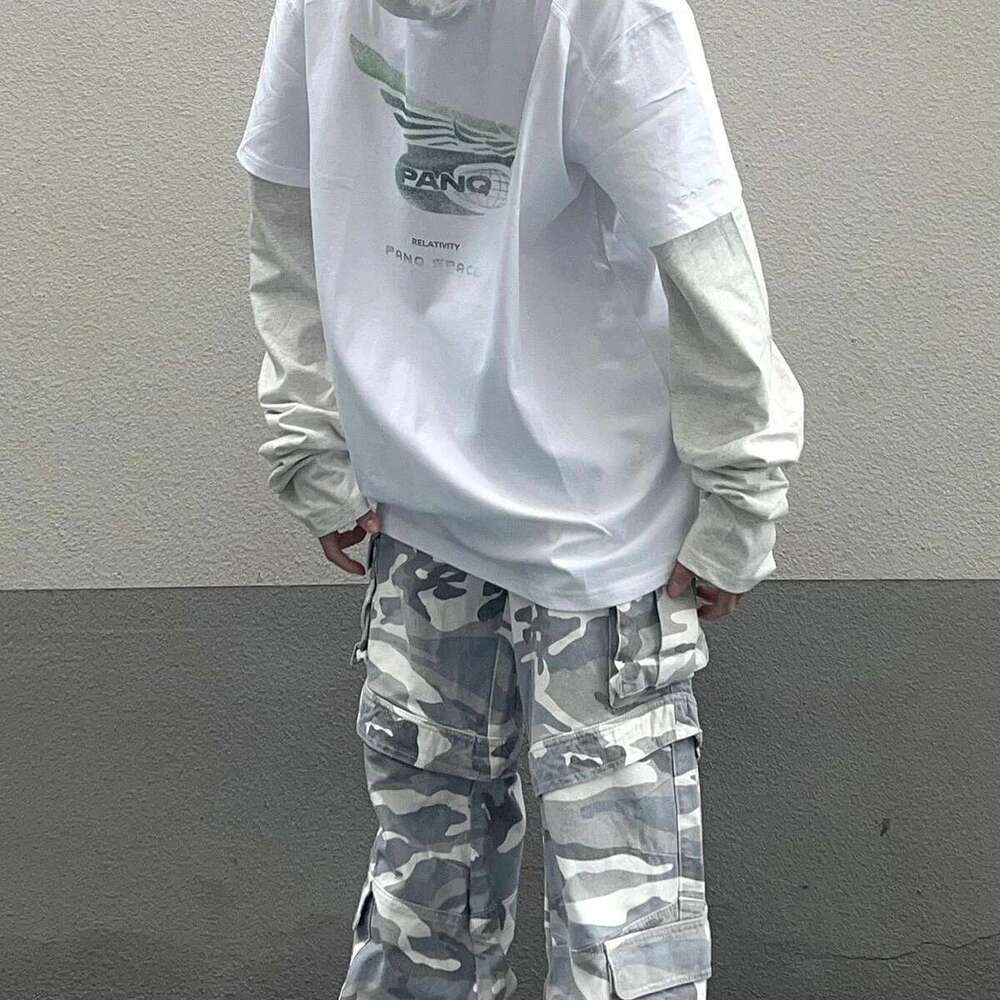 24Fw Fake Two Pieces Long Sleeved Tee Mens And Womens Wings Oversized Washed Cotton Casual Top Tees Round Neck Loose T-Shirt