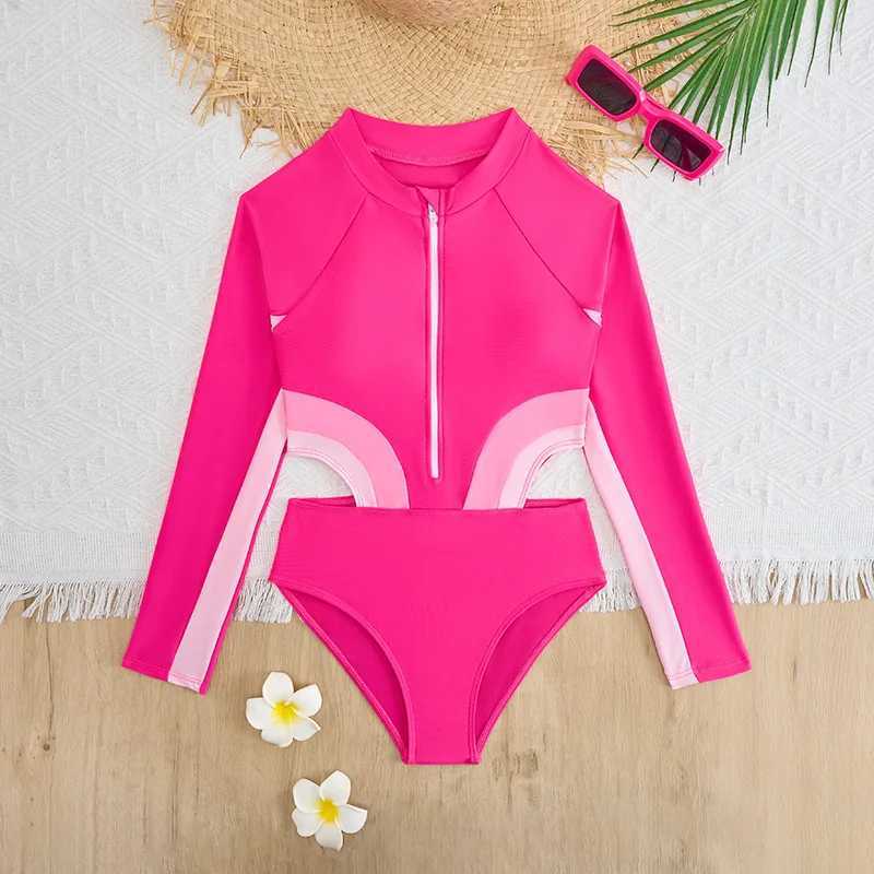 Pink Girls One Piece Swimsuit 8-12 Year Kids Swim Suit Teenage Childrens Swimwear 2024 Zipper Surfing Bathing Suits Beach Wear Z250214