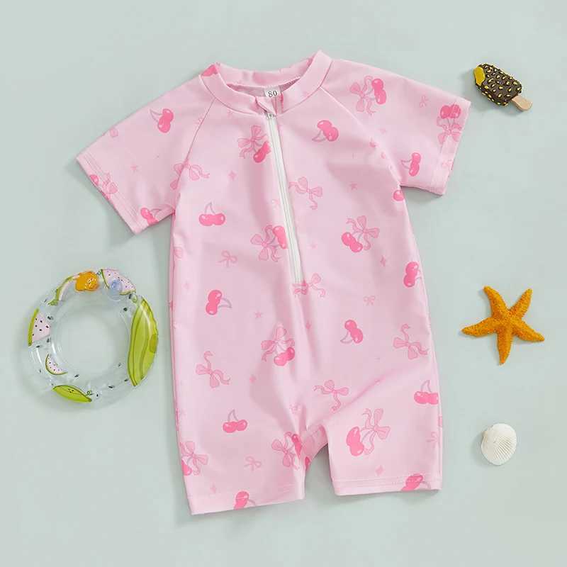 Toddler Girl Rash Guard Swimsuit Cherry/Bow Print Zipper Short Sleeve Zip Up Bathing Suit Z250214