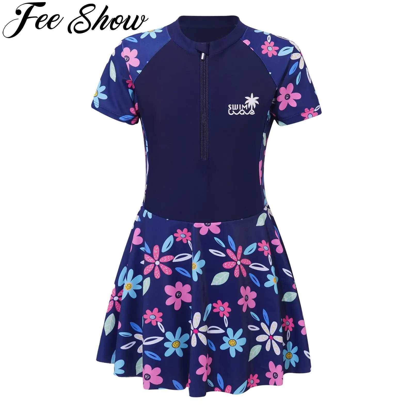 Kids Girls One-piece Swimsuit Short Sleeve Flower Print Zipper Swim Dress with Built-in Shorts Rush Guard Pool Beach Swimwear Z250214
