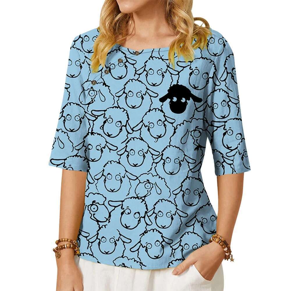 Animals Black Sheep Printed T-Shirts Fashion Brand Round Neck Mid-Sleeve Shirts Button Decoration Women Plus Size Clothing