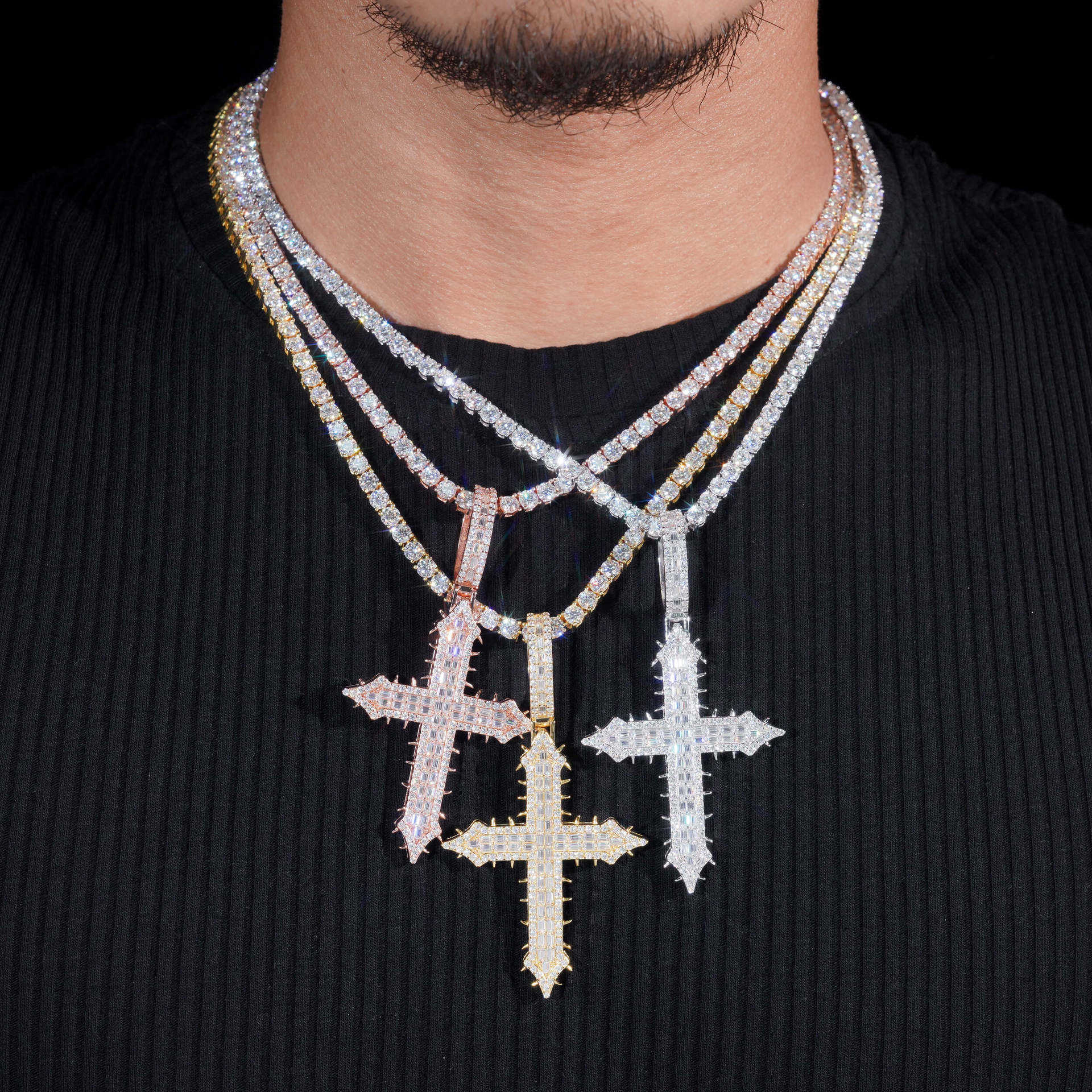 ZUANFA S925 Silver Moissanite Hip Hop Cross Pendant Second Over Test Diamond Pen