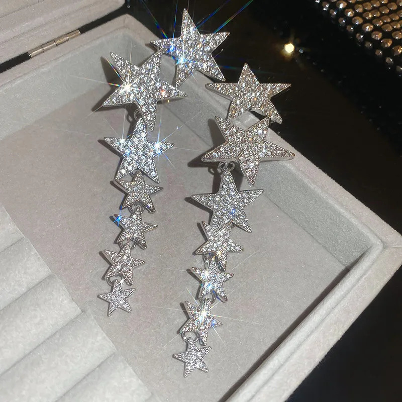 Inlaid Rhinestone star tassel earrings for women lightweight stylish high-end and jewelry with hanging ears 250110