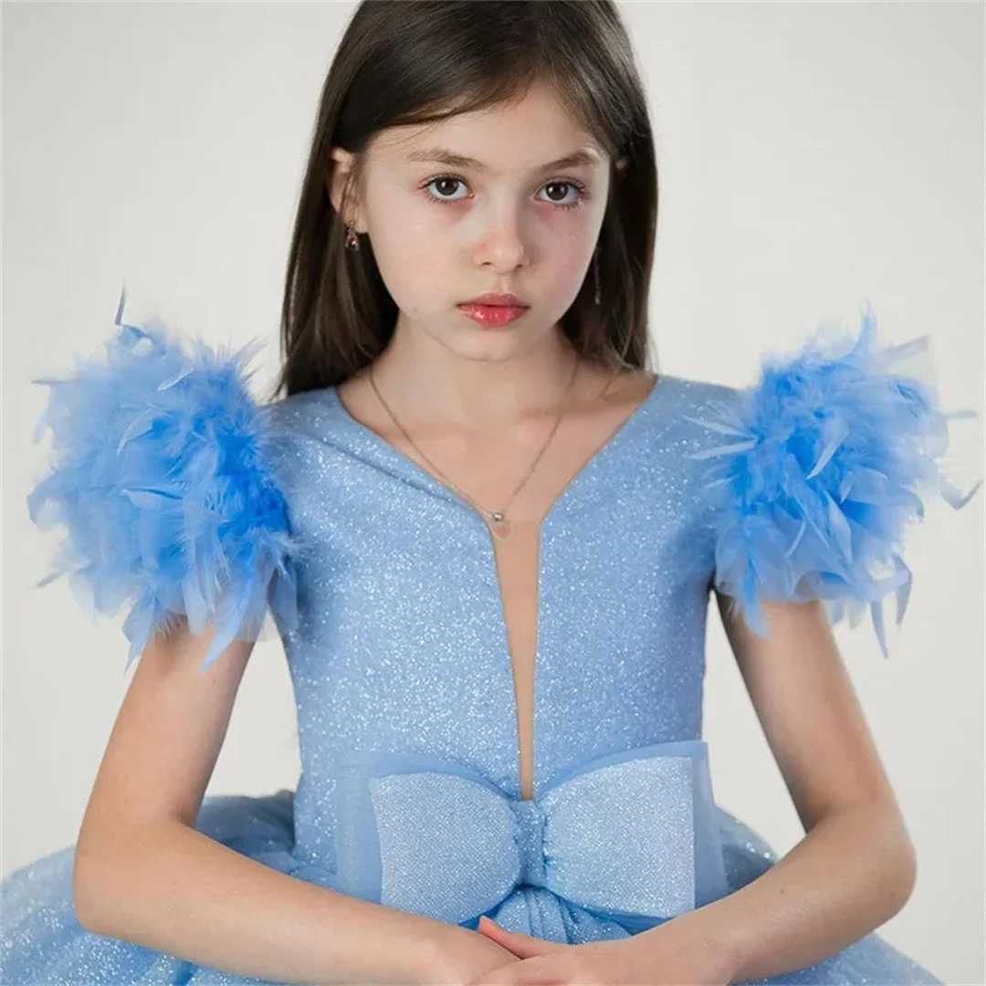Light Blue Flower Girl Dresses for Wedding Tiered Feather Floor Length Girl Kids Birthday Par First Communion Gowns Customized Z250214